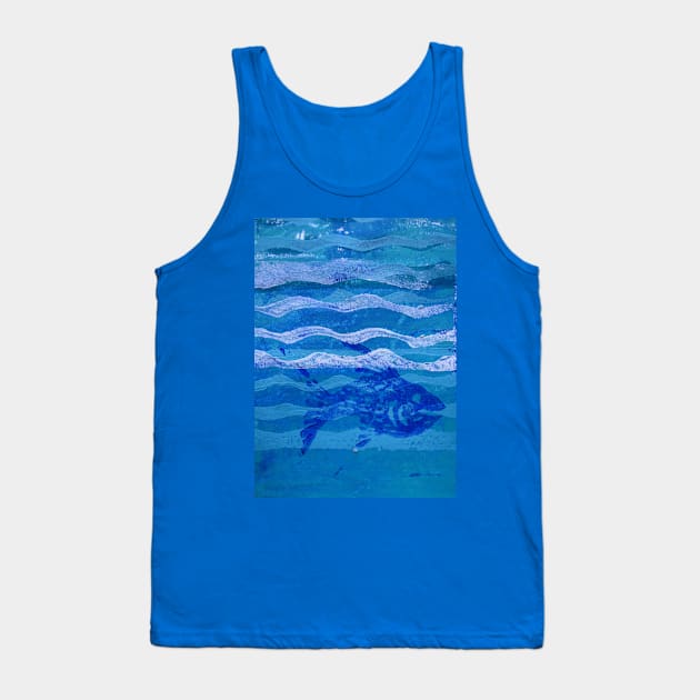 Fish and Waves Monoprint in Acrylic Tank Top by Heatherian